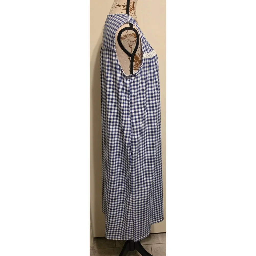 Croft & Barrow Blue White Gingham Sleeveless Nightgown Lace Trim Large